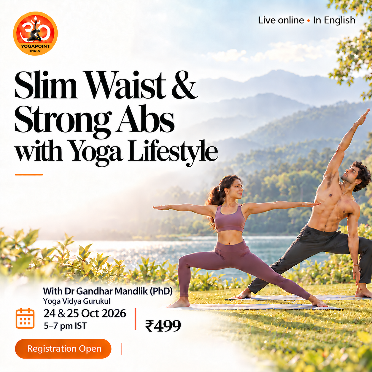 Slim Waist and Strong Abs English online workshop: 24 and 25 October 2026, 5 PM to 7 PM IST (India time) each day. Fee ₹499. By Dr Gandhar Mandlik.